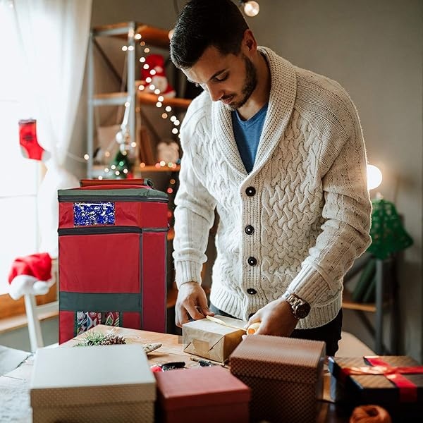 ProPik Bolsa de almacenamiento de papel de regalo con bolsillo y asas, incluye lazo para colgar, material resistente con ventana transparente de 47 x 10 x 10 pulgadas, se adapta a rollos de 40 pulgadas de largo (rojo, 1 unidad) - Image 8