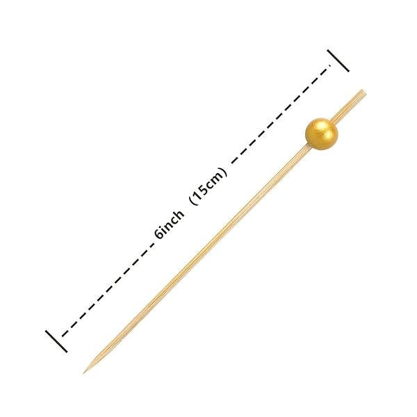 Púas de cóctel de bambú de 15.2 cm, paquete de 100 palillos de dientes de aperitivos de madera para aperitivos y bebidas de cóctel (bola de oro mate) - Image 3