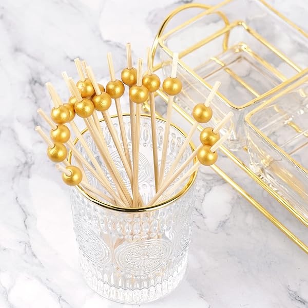 Púas de cóctel de bambú de 15.2 cm, paquete de 100 palillos de dientes de aperitivos de madera para aperitivos y bebidas de cóctel (bola de oro mate) - Image 4