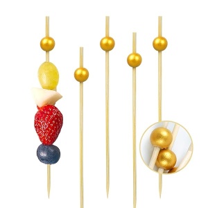 Púas de cóctel de bambú de 15.2 cm, paquete de 100 palillos de dientes de aperitivos de madera para aperitivos y bebidas de cóctel (bola de oro mate)