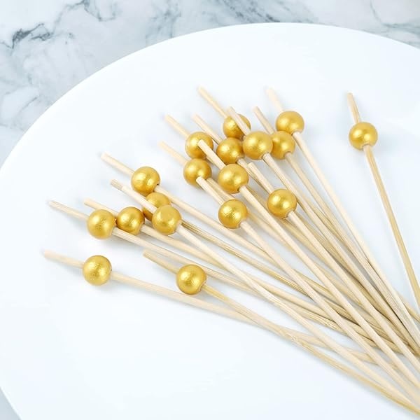 Púas de cóctel de bambú de 15.2 cm, paquete de 100 palillos de dientes de aperitivos de madera para aperitivos y bebidas de cóctel (bola de oro mate) - Image 5