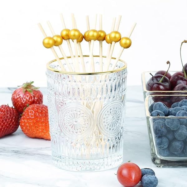 Púas de cóctel de bambú de 15.2 cm, paquete de 100 palillos de dientes de aperitivos de madera para aperitivos y bebidas de cóctel (bola de oro mate) - Image 6