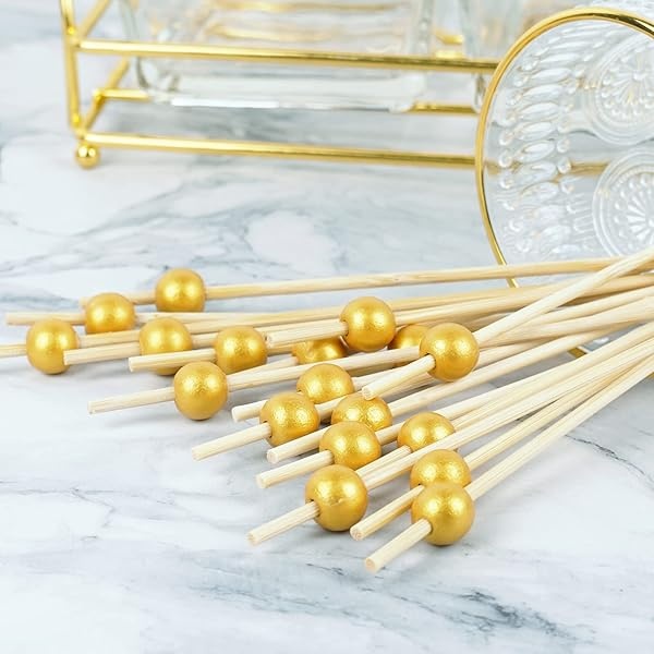 Púas de cóctel de bambú de 15.2 cm, paquete de 100 palillos de dientes de aperitivos de madera para aperitivos y bebidas de cóctel (bola de oro mate) - Image 7