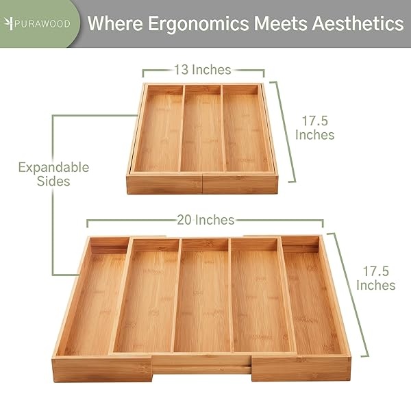 Purawood - Organizador grande de cubiertos de bambú de alta calidad, organizador de cajones y utensilios de cocina expandible, bandeja de cubiertos de 17.5 x 19.7 pulgadas con divisores de cajones - Image 3