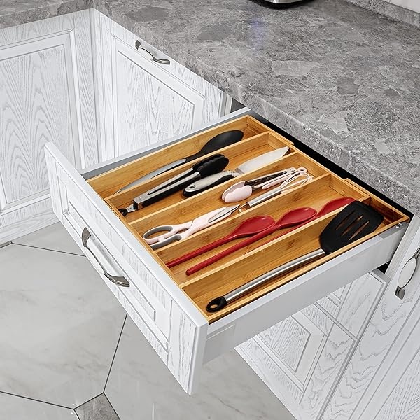 Purawood - Organizador grande de cubiertos de bambú de alta calidad, organizador de cajones y utensilios de cocina expandible, bandeja de cubiertos de 17.5 x 19.7 pulgadas con divisores de cajones - Image 4
