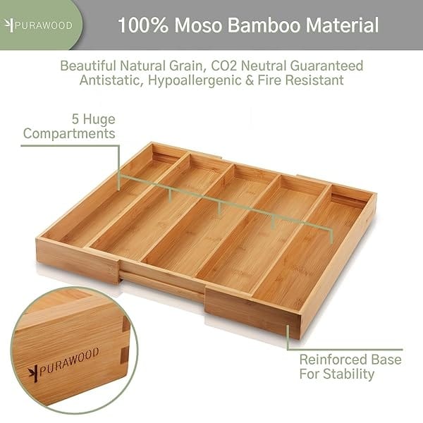 Purawood - Organizador grande de cubiertos de bambú de alta calidad, organizador de cajones y utensilios de cocina expandible, bandeja de cubiertos de 17.5 x 19.7 pulgadas con divisores de cajones - Image 5