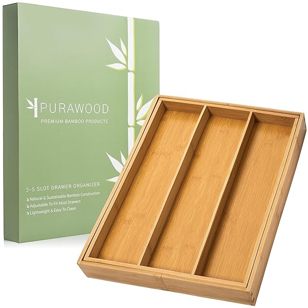Purawood - Organizador grande de cubiertos de bambú de alta calidad, organizador de cajones y utensilios de cocina expandible, bandeja de cubiertos de 17.5 x 19.7 pulgadas con divisores de cajones - Image 6