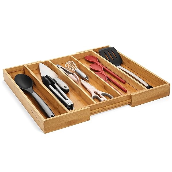 Purawood - Organizador grande de cubiertos de bambú de alta calidad, organizador de cajones y utensilios de cocina expandible, bandeja de cubiertos de 17.5 x 19.7 pulgadas con divisores de cajones - Image 7