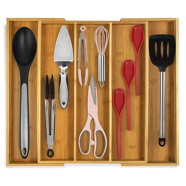 Purawood - Organizador grande de cubiertos de bambú de alta calidad, organizador de cajones y utensilios de cocina expandible, bandeja de cubiertos de 17.5 x 19.7 pulgadas con divisores de cajones