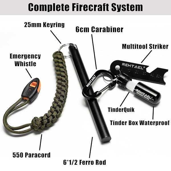 REHTAEL - Kit de supervivencia para iniciar fuegos de acero (1/2 x 6 pulgadas), barra de ferro grande con multiherramienta, cuerda de paracaídas para camping, senderismo (verde militar) - Image 3