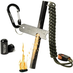 REHTAEL - Kit de supervivencia para iniciar fuegos de acero (1/2 x 6 pulgadas), barra de ferro grande con multiherramienta, cuerda de paracaídas para camping, senderismo (verde militar)
