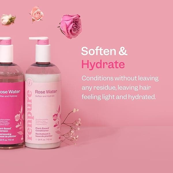 RENPURE Acondicionador hidratante de agua de rosas a base de plantas para cabello seco, sin sulfatos, sin parabenos, sin crueldad y sin color, naturalmente hidratante y refrescante acondicionador de agua de rosas para mujeres - Image 3