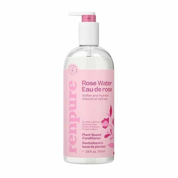RENPURE Acondicionador hidratante de agua de rosas a base de plantas para cabello seco, sin sulfatos, sin parabenos, sin crueldad y sin color, naturalmente hidratante y refrescante acondicionador de agua de rosas para mujeres