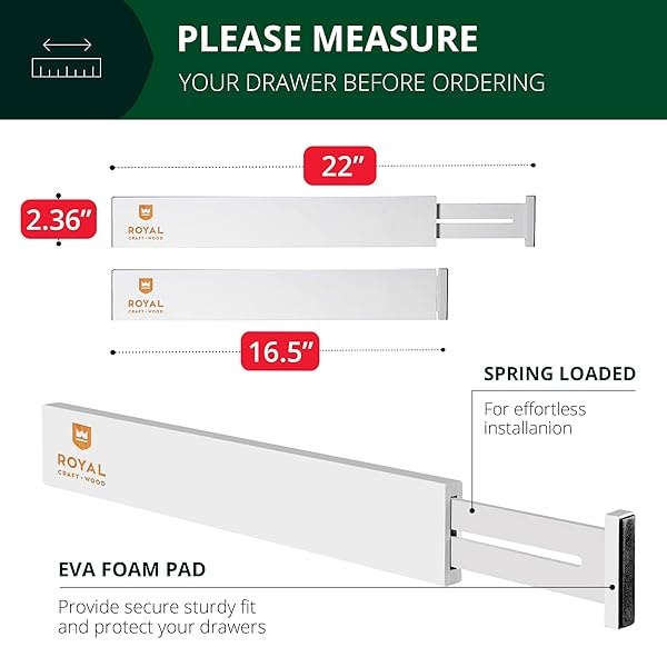 ROYAL CRAFT WOOD - Separadores de organización de cajones ampliables de bambú ajustable para cocina, cambiador, recámara, baño y oficina, paquete de 4 (grande (hasta 22)), color blanco - Image 3