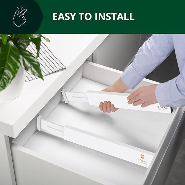 ROYAL CRAFT WOOD - Separadores de organización de cajones ampliables de bambú ajustable para cocina, cambiador, recámara, baño y oficina, paquete de 4 (grande (hasta 22)), color blanco - Image 4