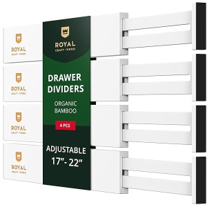ROYAL CRAFT WOOD - Separadores de organización de cajones ampliables de bambú ajustable para cocina, cambiador, recámara, baño y oficina, paquete de 4 (grande (hasta 22)), color blanco