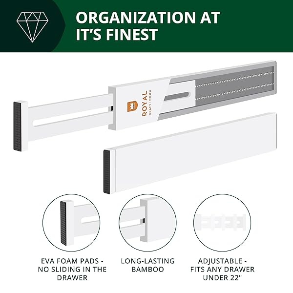 ROYAL CRAFT WOOD - Separadores de organización de cajones ampliables de bambú ajustable para cocina, cambiador, recámara, baño y oficina, paquete de 4 (grande (hasta 22)), color blanco - Image 5