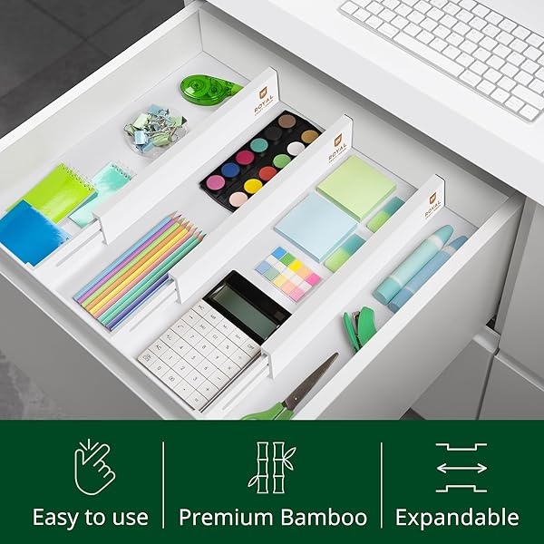 ROYAL CRAFT WOOD - Separadores de organización de cajones ampliables de bambú ajustable para cocina, cambiador, recámara, baño y oficina, paquete de 4 (grande (hasta 22)), color blanco - Image 6