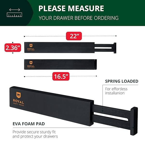 ROYAL CRAFT WOOD - Separadores de organización de cajones ampliables de bambú ajustable para cocina, cambiador, recámara, baño y oficina, paquete de 4 (grande (hasta 22)), negro - Image 3