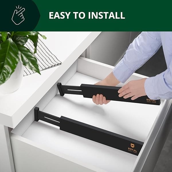 ROYAL CRAFT WOOD - Separadores de organización de cajones ampliables de bambú ajustable para cocina, cambiador, recámara, baño y oficina, paquete de 4 (grande (hasta 22)), negro - Image 4
