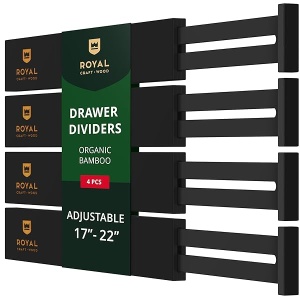 ROYAL CRAFT WOOD - Separadores de organización de cajones ampliables de bambú ajustable para cocina, cambiador, recámara, baño y oficina, paquete de 4 (grande (hasta 22)), negro