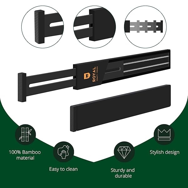 ROYAL CRAFT WOOD - Separadores de organización de cajones ampliables de bambú ajustable para cocina, cambiador, recámara, baño y oficina, paquete de 4 (grande (hasta 22)), negro - Image 5