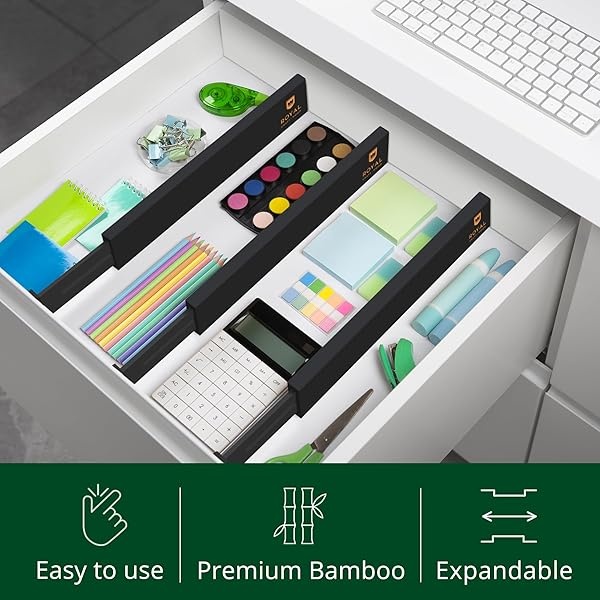 ROYAL CRAFT WOOD - Separadores de organización de cajones ampliables de bambú ajustable para cocina, cambiador, recámara, baño y oficina, paquete de 4 (grande (hasta 22)), negro - Image 6