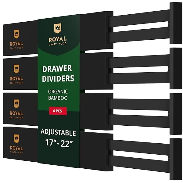 ROYAL CRAFT WOOD - Separadores de organización de cajones ampliables de bambú ajustable para cocina, cambiador, recámara, baño y oficina, paquete de 4 (grande (hasta 22)), negro