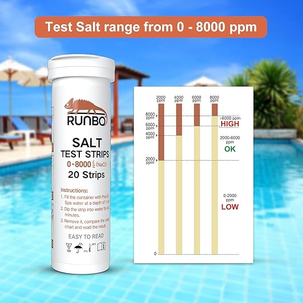 RUNBO Tiras de prueba para piscinas de agua salada (20 unidades) – Ideal para piscinas de sal y spa – Prueba fácil y precisa para cloruro de sodio 0-8000 ppm - Image 3