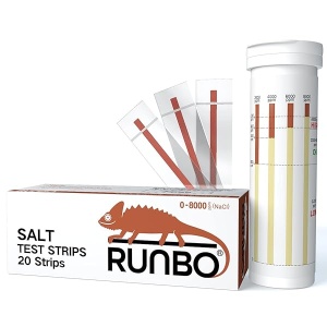 RUNBO Tiras de prueba para piscinas de agua salada (20 unidades) – Ideal para piscinas de sal y spa – Prueba fácil y precisa para cloruro de sodio 0-8000 ppm