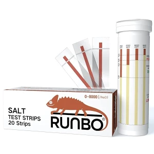 RUNBO Tiras de prueba para piscinas de agua salada (20 unidades) – Ideal para piscinas de sal y spa – Prueba fácil y precisa para cloruro de sodio 0-8000 ppm