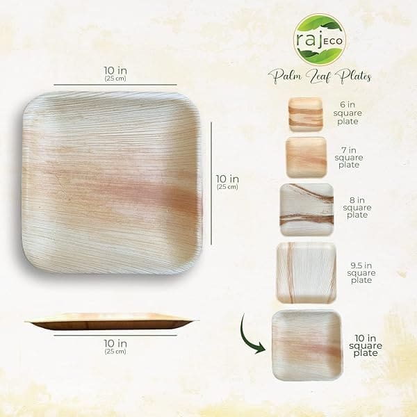 Raj Platos de hoja de palmera [50 unidades] Platos cuadrados de 25,4 cm como platos de bambú desechables, fuertes, decorativos para bodas, almuerzos, cenas, cumpleaños, camping, barbacoa al aire libre, picnic - Image 3