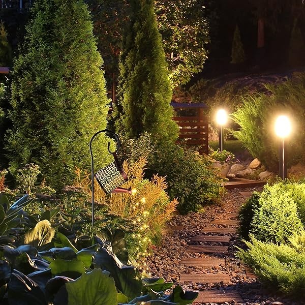 Regadera de regadera con luces LED, lámpara de riego decorativa, luces LED, esculturas al aire libre, esculturas con soporte para decoración de jardín al aire libre (lata de riego ahuecada) - Image 6