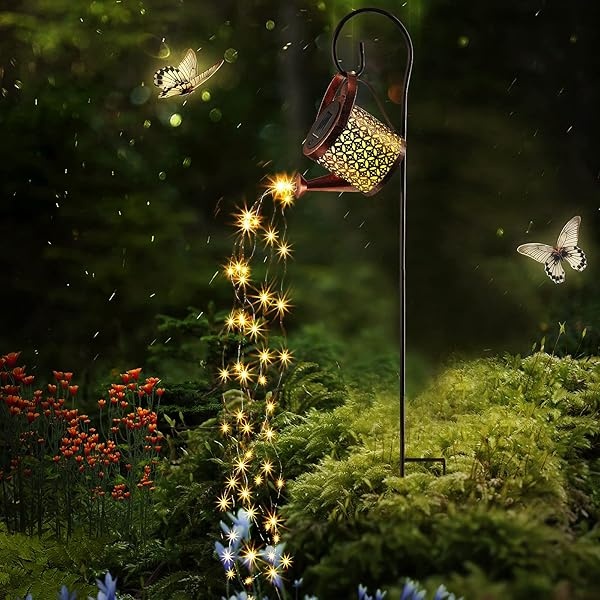 Regadera de regadera con luces LED, lámpara de riego decorativa, luces LED, esculturas al aire libre, esculturas con soporte para decoración de jardín al aire libre (lata de riego ahuecada)