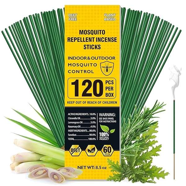 Repelente de mosquitos para patio al aire última intervensión, 120 unidades, aceite de citronela, varillas de incienso para interior y hogar, seguro para mascotas, barrera natural a base de insectos a