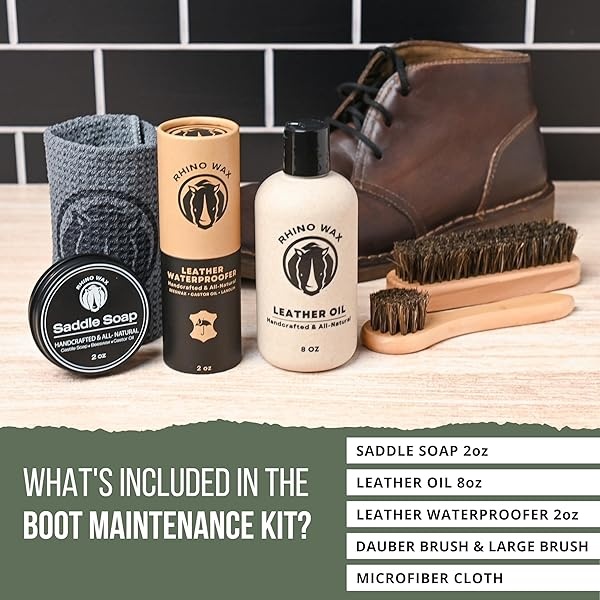 Rhino Wax - Kit de mantenimiento de botas - Aceite para botas + impermeabilizador de botas de piel + jabón de sillín + cepillos de pelo de caballo + toalla de microfibra, Natural, 6 Pack - Image 3