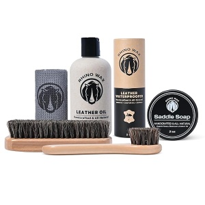Rhino Wax - Kit de mantenimiento de botas - Aceite para botas + impermeabilizador de botas de piel + jabón de sillín + cepillos de pelo de caballo + toalla de microfibra, Natural, 6 Pack