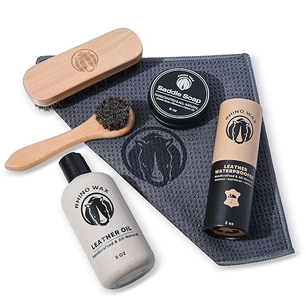 Rhino Wax - Kit de mantenimiento de botas - Aceite para botas + impermeabilizador de botas de piel + jabón de sillín + cepillos de pelo de caballo + toalla de microfibra, Natural, 6 Pack - Image 9