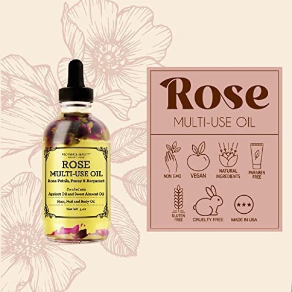 Rose Multi-Use Oil for Face, Body and Hair - Organic Blend of Apricot, Vitamin E and Sweet Almond Oil Moisturiser for Dry Skin, Scalp and Nails - Rose Petals, and Bergamot Essential Oil - 120ml - Image 4