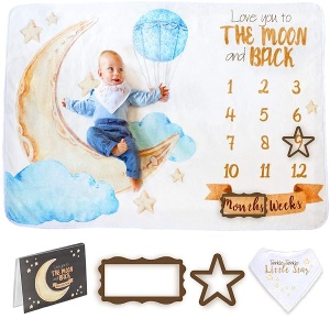 SANDAN Baby Monthly Milestone Blanket Boy & Girl Super Soft, Extra Large Newborn Month Blanket with a Photo Album, Bandana Bib and Frames for Perfect Personalized Baby Milestone Pictures
