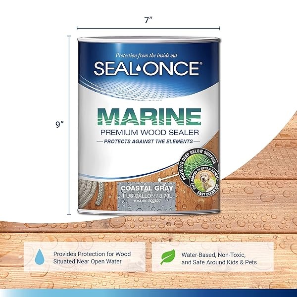 SEAL-ONCE Marine Ready Mix – Sellador de madera penetrante de 1 galón impermeabilizador y manchas (gris costero). Fórmula de COV ultra bajo a base de agua, para zonas de alta humedad para proteger muelles de madera, cubiertas y muelles - Image 3