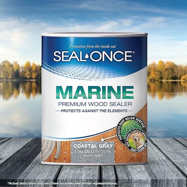 SEAL-ONCE Marine Ready Mix – Sellador de madera penetrante de 1 galón impermeabilizador y manchas (gris costero). Fórmula de COV ultra bajo a base de agua, para zonas de alta humedad para proteger muelles de madera, cubiertas y muelles - Image 6