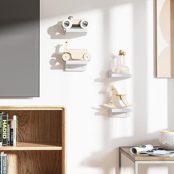 SRIWATANA Pequeños estantes flotantes montados en la pared, estante de madera de 4 pulgadas para decoración y almacenamiento, juego de 4, mini estante de exhibición para dormitorio, baño, cocina, oficina (blanco) - Image 4