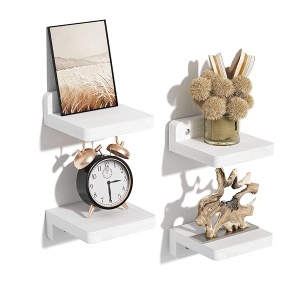 SRIWATANA Pequeños estantes flotantes montados en la pared, estante de madera de 4 pulgadas para decoración y almacenamiento, juego de 4, mini estante de exhibición para dormitorio, baño, cocina, oficina (blanco)
