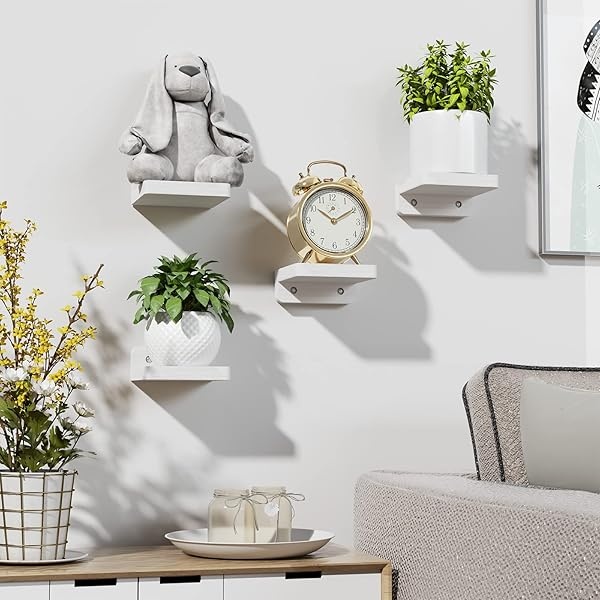 SRIWATANA Pequeños estantes flotantes montados en la pared, estante de madera de 4 pulgadas para decoración y almacenamiento, juego de 4, mini estante de exhibición para dormitorio, baño, cocina, oficina (blanco) - Image 5