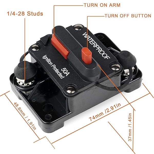 STETION - Disyuntor de circuito de 50 amperios con reinicio manual de automóviles, barcos, ATV, alimentación manual, protección para sistema de audio, fusible de 12 V-48 VDC impermeable (50 amperios) - Image 4
