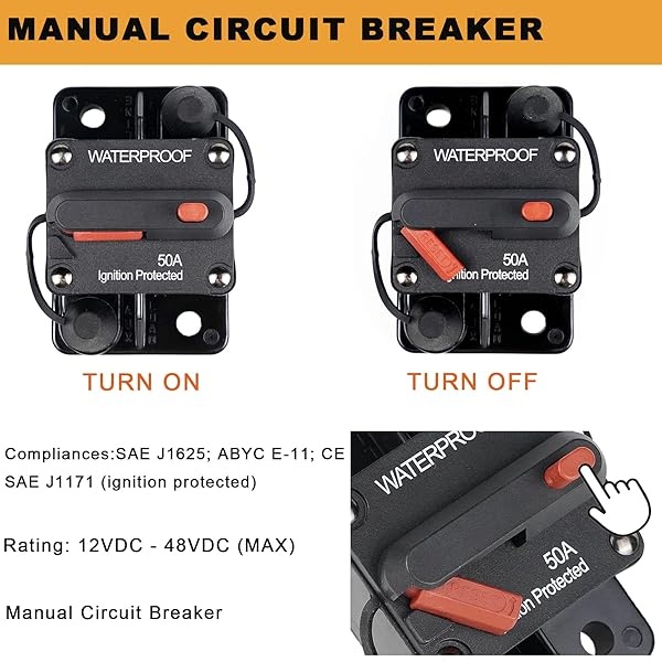 STETION - Disyuntor de circuito de 50 amperios con reinicio manual de automóviles, barcos, ATV, alimentación manual, protección para sistema de audio, fusible de 12 V-48 VDC impermeable (50 amperios) - Image 5