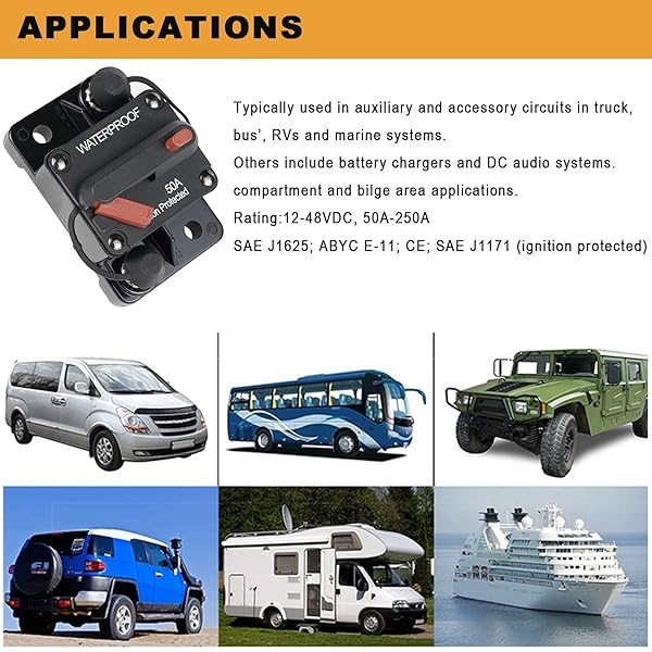 STETION - Disyuntor de circuito de 50 amperios con reinicio manual de automóviles, barcos, ATV, alimentación manual, protección para sistema de audio, fusible de 12 V-48 VDC impermeable (50 amperios) - Image 7