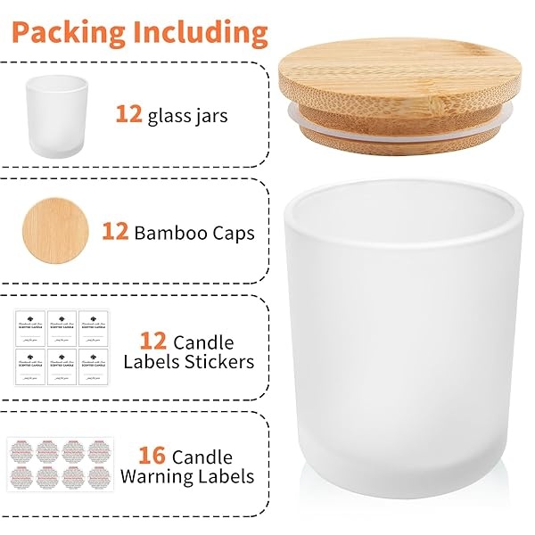 SUPMIND - Paquete de 12 tarros de vela de vidrio, 10 onzas con tapas de bambú y etiquetas adhesivas, tarros de vela a granel para hacer recipientes de velas, apto para lavaplatos - Image 4