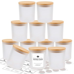 SUPMIND - Paquete de 12 tarros de vela de vidrio, 10 onzas con tapas de bambú y etiquetas adhesivas, tarros de vela a granel para hacer recipientes de velas, apto para lavaplatos